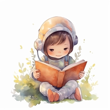cute little girl reading a book, folk art, watercolor, clipart elements, kawaii, astronaut outfit, white background