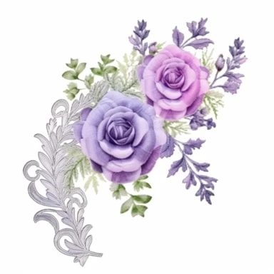 Design a dreamy watercolor clipart of a Violet Floral bouquet with greenery tied with colorful lace composition, with soft and graceful brushstrokes in a delicate color palette in shades of purple, blue, or white. Infuse the artistic style of Serenity Blooms Watercolors for a serene and calming depiction. isolated on a white background, 8k uhd, designed by Ana Victoria Calderon and Holly Exley,