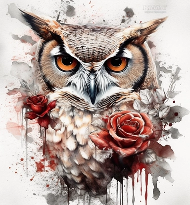 DESIGN A MAGNIFICENT AND EXQUISITE BREATHTAKING ONE-OF-A-KIND HIGH QUALITY HIGHLY DETAILED MASTERPIECE WATERCOLOR CLIPART ILLUSTRATION OF with a red rose owl, this tattoo design measures 33 % bigger than a regular owl tattoo, in the style of digitally enh