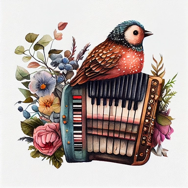 Old A Hohner Mignon child's piano accordion ( a little floral, tiny bird on it) watercolor clipart