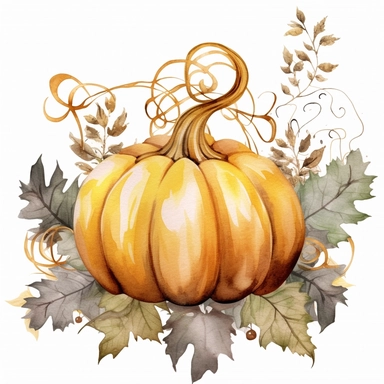 Watercolor pastel boho pumpkin with gold ornate watercolor sitting on pumpkin leaves white background. clipart