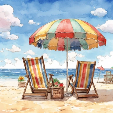 high quality watercolor illustration of a nostalgic looking beach and sea, beautiful, sandy, serene, Beach chairs facing sea, beach umbrella, studio lighting, photorealistic, 8k clipart, watercolors and pencil style, ultra-detailed, high quality, ghibli style, award winning