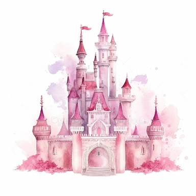 Princess castle clipart, watercolor princess pink fairy kingdom, white background