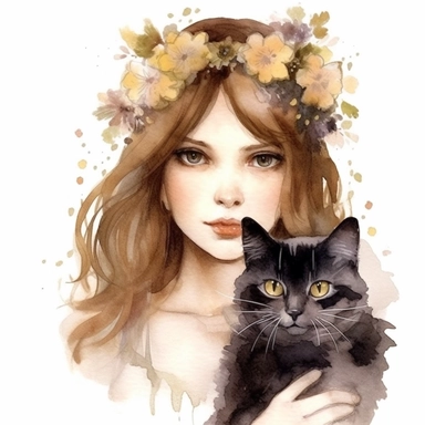 watercolour clipart of a woman with brown hair and brown eyes, the delicate and determined soul, has a deep affection for cats, black cat. She meticulously crafts digital designer papers and breathes life into digital journaling pages. Her finesse and devotion to her work are truly extraordinary. Her art is a testament to her unwavering pursuit of beauty and excellence, make her smiling, exalted mood, white background, 8k, f1