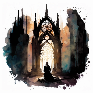 A haunting gothic cathedral with stained glass windows depicting twisted creatures, eerie candlelight casting ominous shadows, a solitary figure kneeling in prayer, Magical gothic watercolor clipart, painted with black ink and watercolor, white background, spaced out, fantasy