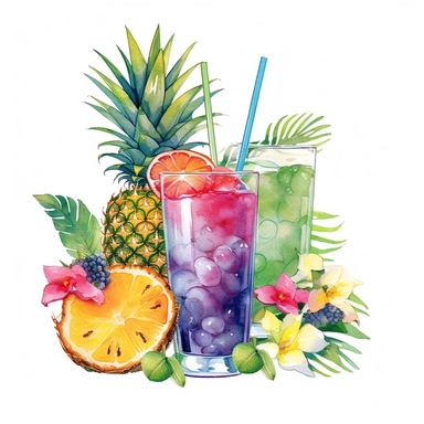 Tropical cocktails with some fruits and flowers, watercolor, clipart on white background, cute, tshirt design in the style of frank quitely, stan berenstain