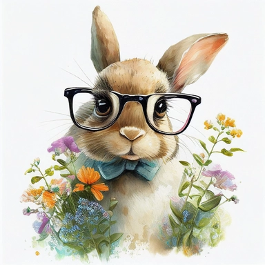 smiling rabbit, wearing glasses and a tie, in the style of digital painting and drawing Beatrix Potter, siting in the flowers, i can't believe how beautiful this is, uhd image, grid-based, charming character illustrations, free brushwork, watercolorist, white background, clipart -