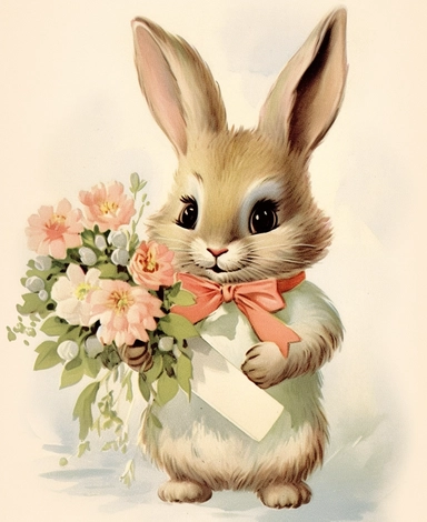 1950's greeting card graphic, clipart, anthromorphic pretty baby bunny, vintage, happy, holding flowers, cute, adorable, shabby