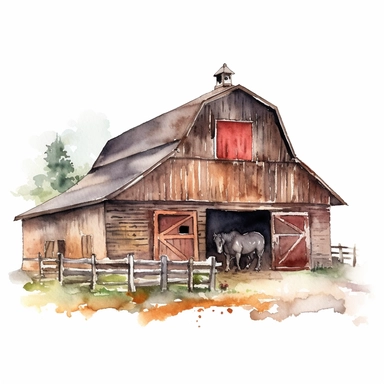 one watercolor clipart of horse barn on a white background, in the style of high quality photo, chalk, subtle details, rustic charm, die brücke, uhd image, arts & crafts, no watermark, text, 300 DPI , typography, shapes do not stick together, no text in the picture, on a white background