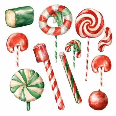 watercolour of a variety of Christmas Candies. Red and Green Gumdrops, Candy Canes, Peppermints, ribbon candy, clipart variations, simple, vector, 8k