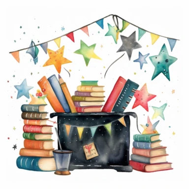 Whimsical watercolor clipart, back to school banner, set of graphics, including black board, stack of books, stationery items in a rusty cup, paint, notebook, bunting, stars and dots, white background