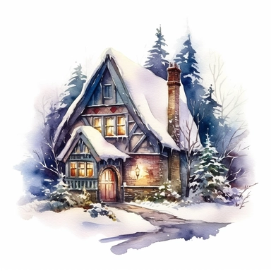 winter scenery, snow, Boho fairy tale cottage house watercolor clipart