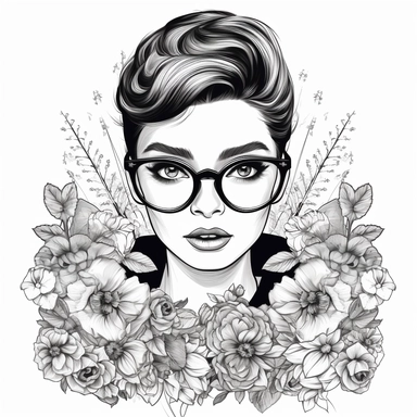 hand drawn young Audrey Hepburn and big flowers. Breakfast at Tiffany's face scene. Vector illustration, clip art, coloring book style