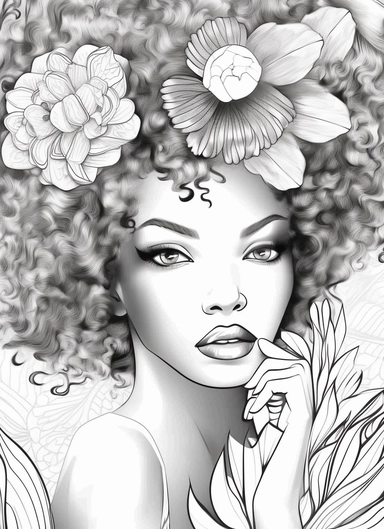 coloring pages for adults, Black Woman ClipArt, Rich Auntie ClipArt, Digital Stickers, African American ClipArt, Digital Planner Stickers, Black Girl Clipart, beach, isolated, in the style of Outlined, Wavy Lines, Low Detail, Geometric background, Black and white, No Shading