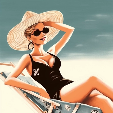 portrait view, full view, clipart illustration, beautiful lady sunbathing on beach, exact image, sharp focus, high detail, (--iw 5)
