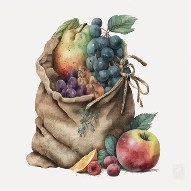 fruit in a burlap sack, watercolor clipart, transparent background
