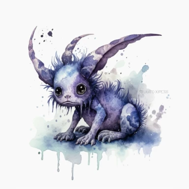 Watercolour cute fantasy creature clipart on transparent background, rodney matthews style, no splash, black inky blue purple violet, single sheet, 4k