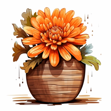 orange Flower inside a brown wood Pot Clipart in the style of oil painting, clean lines on a white background