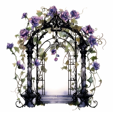 A gothic trellis covered in climbing black roses and deadly nightshade clipart, white background, watercolor drawing