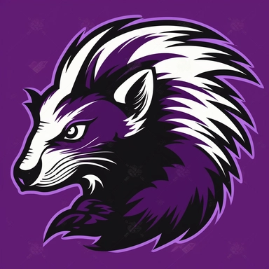 a vector style clip art badge mascot logo of a skunk : bold outlines : vibrant colors : purple highlights : black outlines : bold , adobe illustrator style, vector style t-shirt graphic : solid color background
