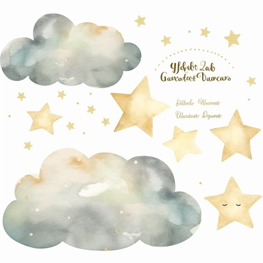 watercolor and gold glitter clouds and stars clipart, free margins