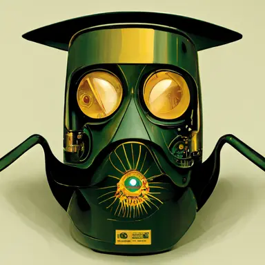 evil science robot in a gas mask, gold and green, clipart