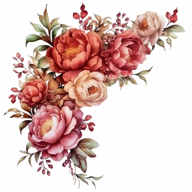 clear watercolor burgundy and peach peonies in corner arrangement border, hyper detailed, high definition, ultra realistic, clipart, white background,