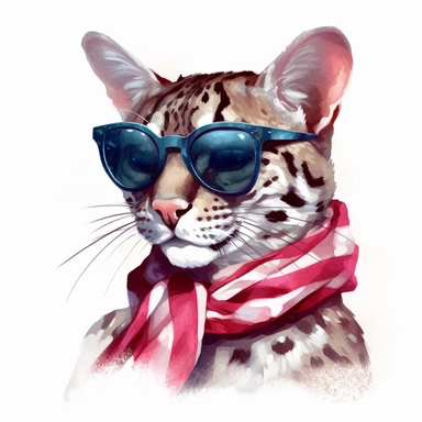 Ocelot, wears American flag scarf and sunglasses, closeups shot, low angle, watercolor style, hyper-realistic animal illustrations, 2d game art, quadratura, clipart, on white background,