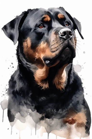 Rottweiler, Watercolor Clipart, White Background, No Watermarks Imagine a striking watercolor clipart of a Rottweiler on a white background, free of any watermarks. The image features a muscular Rottweiler with a broad head, strong jaw, and alert expression. The dog is depicted in warm, earthy tones with expressive brushstrokes that capture its personality and energy. The background is a soft white that brings out the richness of the dog's coat. The overall effect is a charming and engaging imag