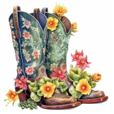 old Western cowboy boots, surrounded by colorful cactus flowers, watercolor, clipart, white background