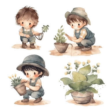 Watercolor boho planting, illustrations clipart set, simple, soft colors, cartoon elements, different variants, cute little boy and girl planting, separate elements with a margin