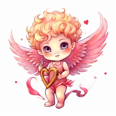 Chuppy chibi Cupid, cute cupid, cupid holding heart, extremely detailed, illustration clipart, on white background, watercolor