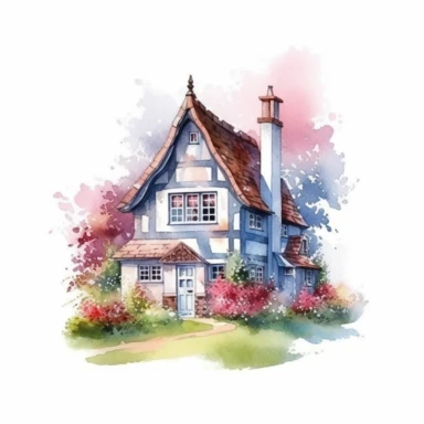 Vector clipart, isolated on white background, beautiful lovely Watercolor cute little colorful house, spring time , ornated, pastel colors, small England village