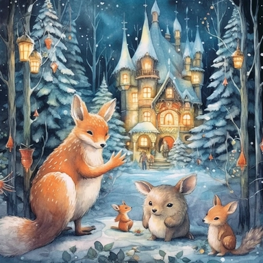 cosy Christmas Eve, snowy enchanted forest, forest animals celebrating Christmas, calm, twinkling lights, ornamental watercolor, clipart, I can't believe how beautiful this is