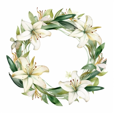 a circular frame made of casablanca lilies, digital watercolor illustration, white background clipart