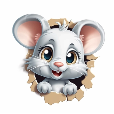 clipart, cute kawaii gray and white mouse sticking his head out of a hole in the wall, isolated on a white background, cartoon style, chibi style, vector, 3D, no shadows