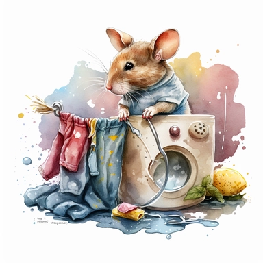 clipart watercolor cute realistic mouse cleaning doing laundry dressed like a human