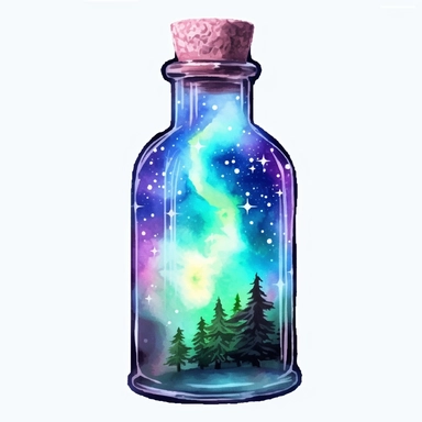 astonishing starry aurora Inside the bottle, bright night sky, 1 cork, watercolor clipart, realistic, detailed, high resolution, vibrant, white background, 8k,