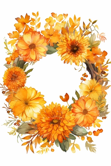 Halloween clipart, marigold Delicate watercolor illustration, White background, Cozy, clear picture, 8k, hd, isolatee on a white background, Wreath, Frame Clip Art