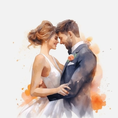watercolor, drawing, illustration of bride and groom, bride short haircut, laughing, wedding dance, clipart, high resolution format, photorealistic, 3D. 4K