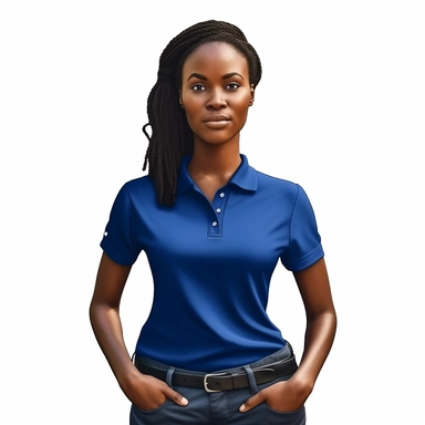 photo-realistic, waist-level view of beautiful and physically fit African American woman, age 25, wearing a very stunning royal blue polo shirt, slightly angry, waist view on white background for vector clipart