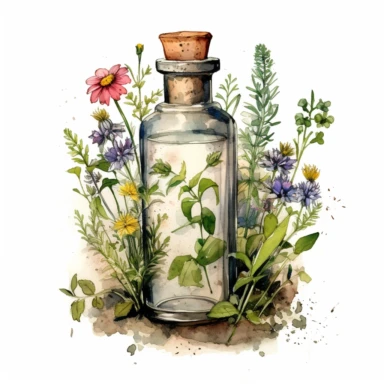 watercolor, hyper realistic, white background, white margins, 16k, ultra detailed clipart, cut out image, hand-drawn a vintage medicine bottle with a label and a cork stopper, surrounded by herbs and flowers