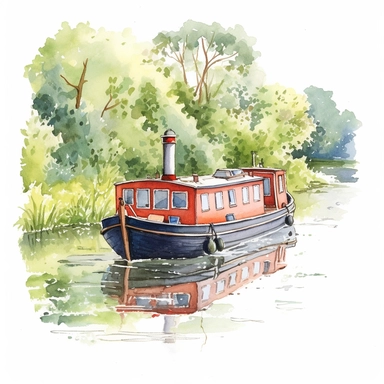 watercolour, pretty canal boat, detailed, summer time, clipart, white background