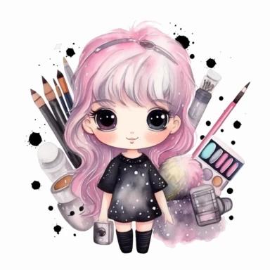 Watercolor funny create kawaii marbled black, silver, pink chibi with school supplies clipart, isolated