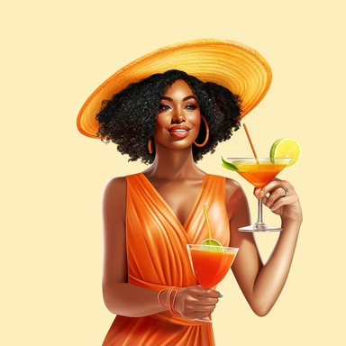 pretty black girl, Sun Straw Hat Wide Brim Summer Hat Foldable Roll up Floppy Beach Hats, pretty, holding a cocktail drink, orange outfit, 4k, hd, clipart