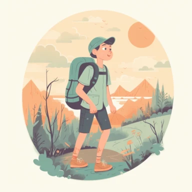 a young boy hiking in the nature, clipart style, light pastel colors