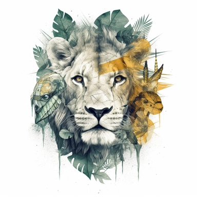 oncrete illustration of a double exposure jungle animal head with torso & jungle drawn with stones, clipart