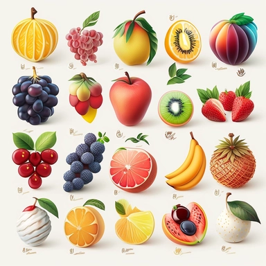 beautiful, 10 fruit stickers collection, clipart design, cartoon, 4k, white background, photo realism
