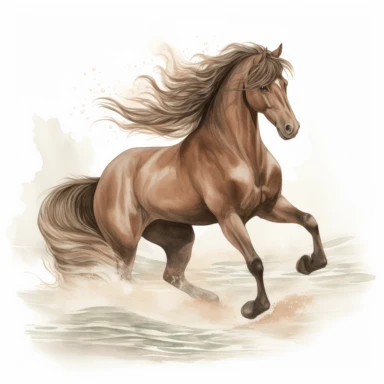 A clipart that shows a majestic brown horse in a graceful pose on a white background. The horse's body is elegantly curved to emphasize its beauty and grace. It may be standing on a slight hill or in an idyllic landscape. The water colors give the clipart a soft and flowing look. The colors can be soft and pastel to create a calm atmosphere. Use different shades of blue for the background to create a natural water or sky look. The contours of the horse are subtle and well defined to clearly show