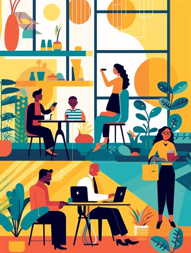 clipart scene of a diverse office staff working together in an office, Alegria style, corporate memphis style, flat art, bold colors, upbeat, happy, friendly, high resolution, 8k
